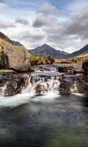 Preview wallpaper river, waterfall, mountains, stones, rocks, landscape
