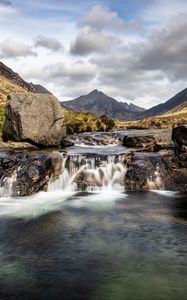 Preview wallpaper river, waterfall, mountains, stones, rocks, landscape