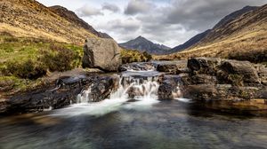 Preview wallpaper river, waterfall, mountains, stones, rocks, landscape