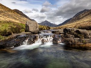 Preview wallpaper river, waterfall, mountains, stones, rocks, landscape