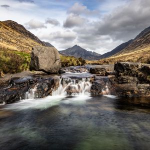 Preview wallpaper river, waterfall, mountains, stones, rocks, landscape