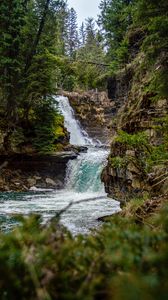 Preview wallpaper river, waterfall, rock, trees, water