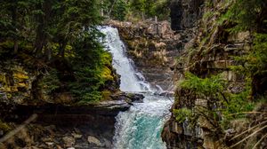 Preview wallpaper river, waterfall, rock, trees, water