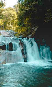 Preview wallpaper river, waterfall, rocks, trees, landscape