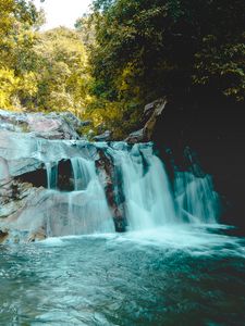 Preview wallpaper river, waterfall, rocks, trees, landscape