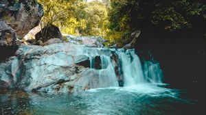 Preview wallpaper river, waterfall, rocks, trees, landscape