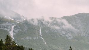 Preview wallpaper river, waterfall, spruce, trees, mountains