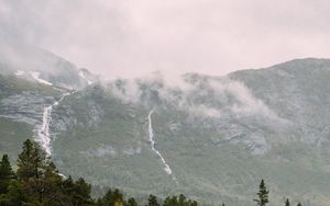 Preview wallpaper river, waterfall, spruce, trees, mountains