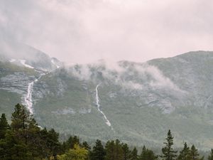 Preview wallpaper river, waterfall, spruce, trees, mountains