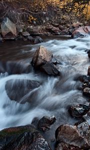 Preview wallpaper river, waterfall, stone, long exposure, landscape, nature