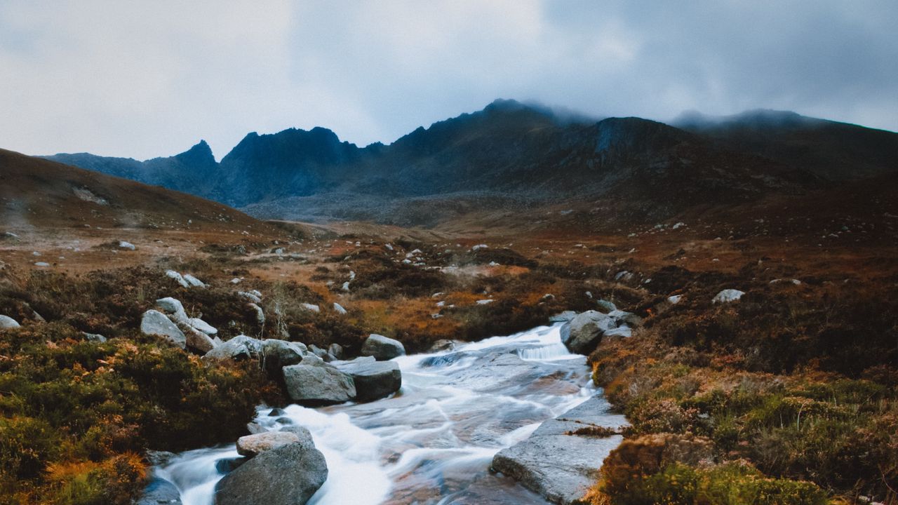 Wallpaper river, waterfall, stones, mountains, landscape