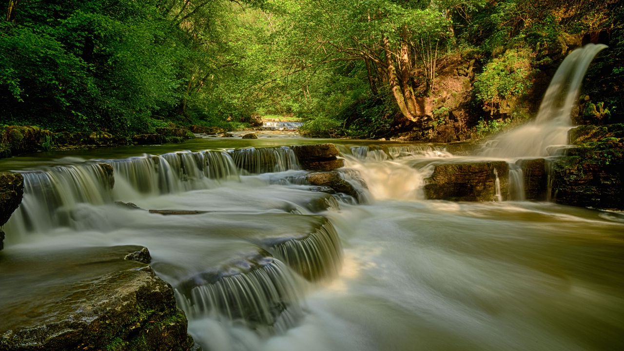 Wallpaper river, waterfall, stones, forest, nature