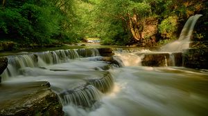 Preview wallpaper river, waterfall, stones, forest, nature