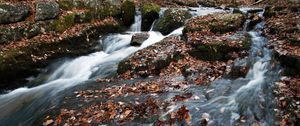 Preview wallpaper river, waterfall, stones, leaves, autumn, nature