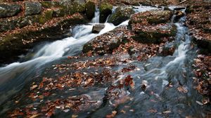 Preview wallpaper river, waterfall, stones, leaves, autumn, nature
