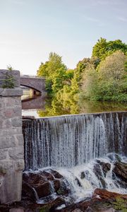 Preview wallpaper river, waterfall, stones, trees, bridge