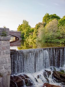 Preview wallpaper river, waterfall, stones, trees, bridge