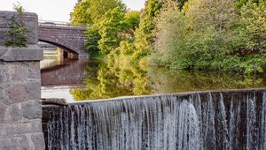 Preview wallpaper river, waterfall, stones, trees, bridge