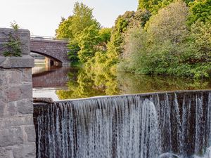 Preview wallpaper river, waterfall, stones, trees, bridge