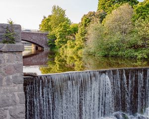 Preview wallpaper river, waterfall, stones, trees, bridge