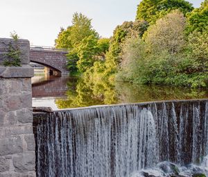 Preview wallpaper river, waterfall, stones, trees, bridge