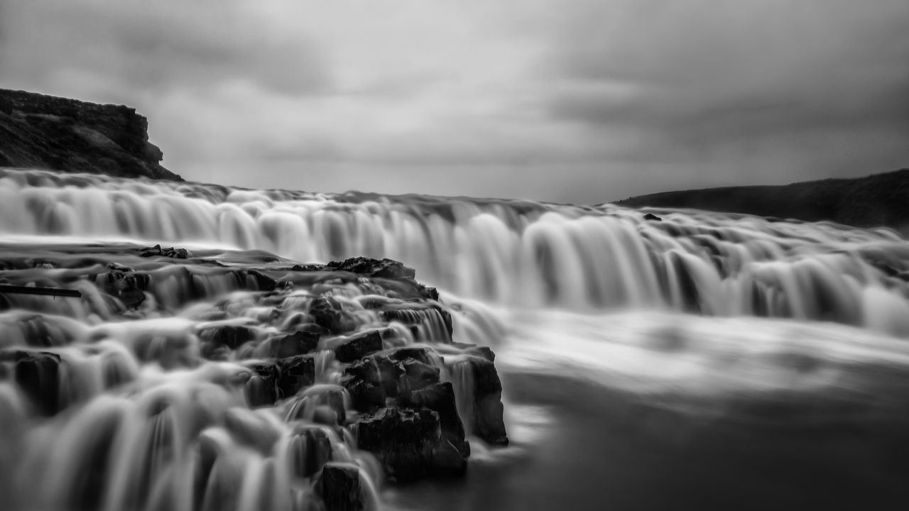 Wallpaper river, waterfall, water, long exposure, black and white