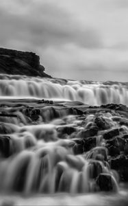 Preview wallpaper river, waterfall, water, long exposure, black and white