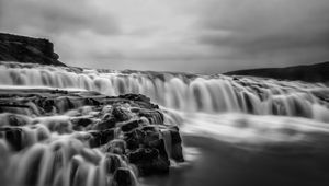 Preview wallpaper river, waterfall, water, long exposure, black and white