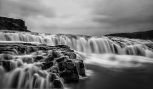 Preview wallpaper river, waterfall, water, long exposure, black and white