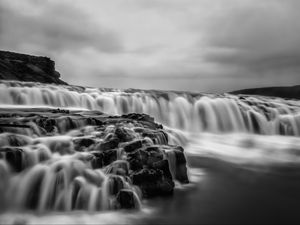 Preview wallpaper river, waterfall, water, long exposure, black and white