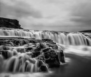 Preview wallpaper river, waterfall, water, long exposure, black and white