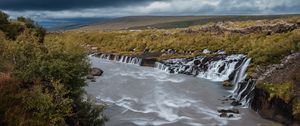 Preview wallpaper river, waterfalls, valley, clouds, landscape