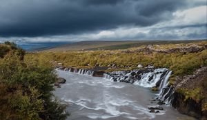 Preview wallpaper river, waterfalls, valley, clouds, landscape