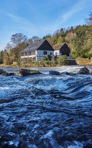 Preview wallpaper river, waves, house, landscape, nature