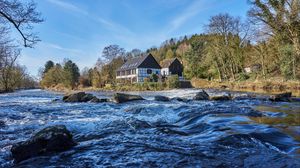 Preview wallpaper river, waves, house, landscape, nature