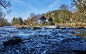 Preview wallpaper river, waves, house, landscape, nature