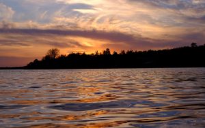 Preview wallpaper river, waves, trees, twilight