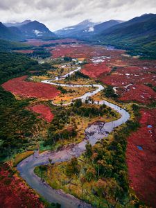 Preview wallpaper river, winding, mountains, landscape, fog