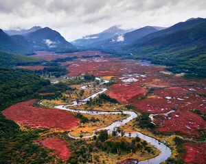 Preview wallpaper river, winding, mountains, landscape, fog