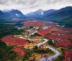 Preview wallpaper river, winding, mountains, landscape, fog