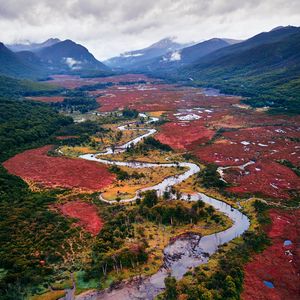 Preview wallpaper river, winding, mountains, landscape, fog