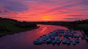 Preview wallpaper river, yachts, pier, evening, trees