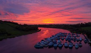Preview wallpaper river, yachts, pier, evening, trees