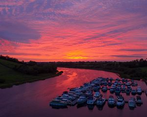 Preview wallpaper river, yachts, pier, evening, trees
