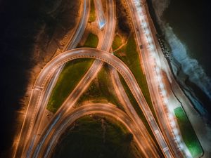 Preview wallpaper road, aeral view, tangled, backlight, road junction