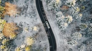 Preview wallpaper road, aerial view, car, forest