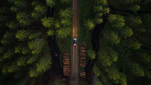 Preview wallpaper road, aerial view, car, forest, trees