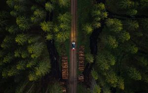 Preview wallpaper road, aerial view, car, forest, trees