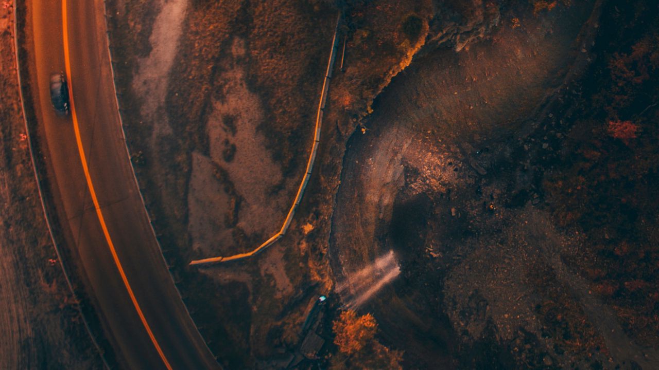 Wallpaper road, aerial view, car, evening, dark