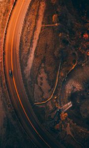 Preview wallpaper road, aerial view, car, evening, dark
